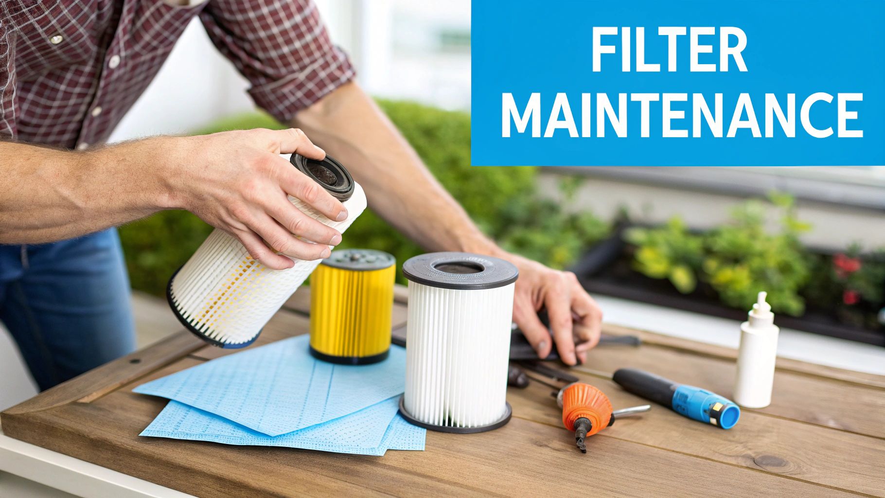 A technician checking a whole-house water filtration system to ensure it's working properly.