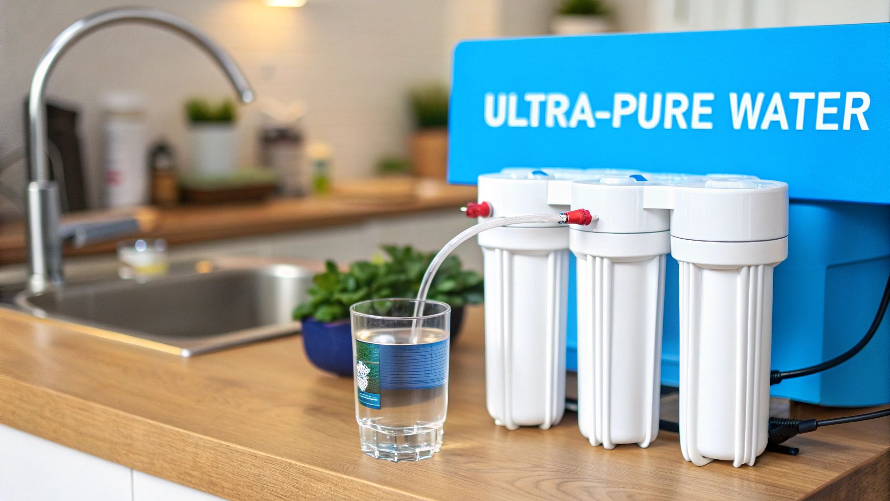 A clear glass fills with filtered water from an ultra-pure water system in a modern kitchen.