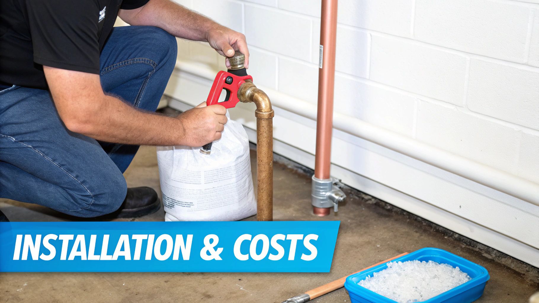 A person's hands installing a water treatment device on a brass pipe with a red tool.