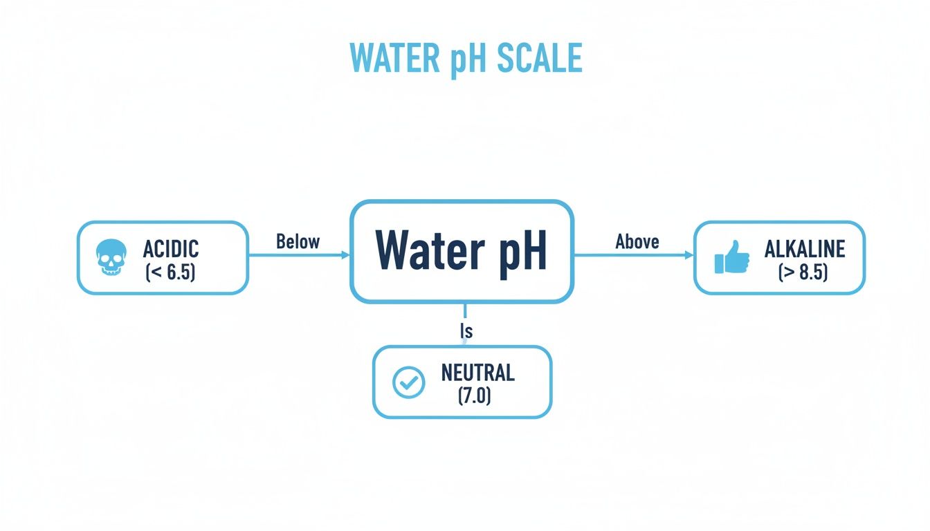 Flowchart illustrating the water pH scale, showing acidic, neutral, and alkaline ranges.