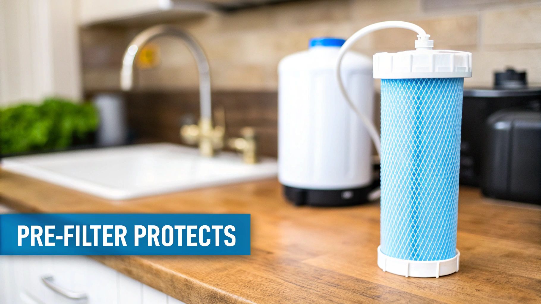 A blue pre-filter for water purification stands on a wooden kitchen counter next to a sink.