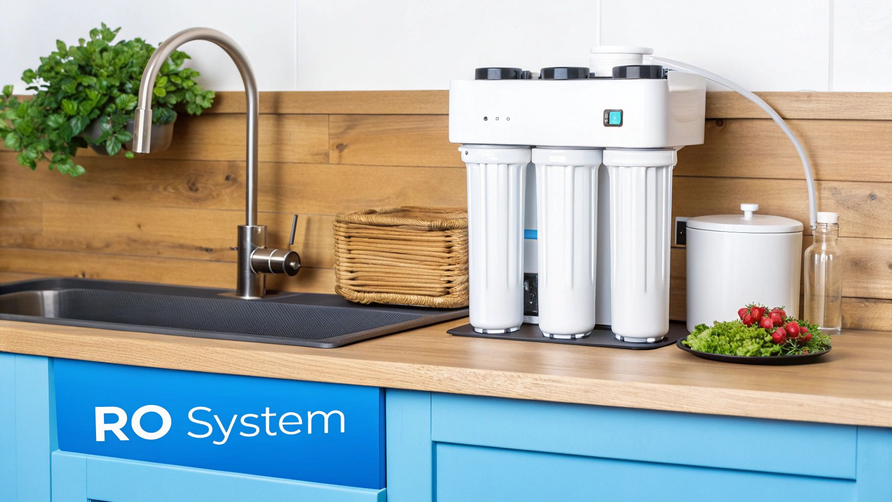 A person smiling as they fill a glass of water from a modern under-sink water filter faucet, illustrating making the right choice for their home.