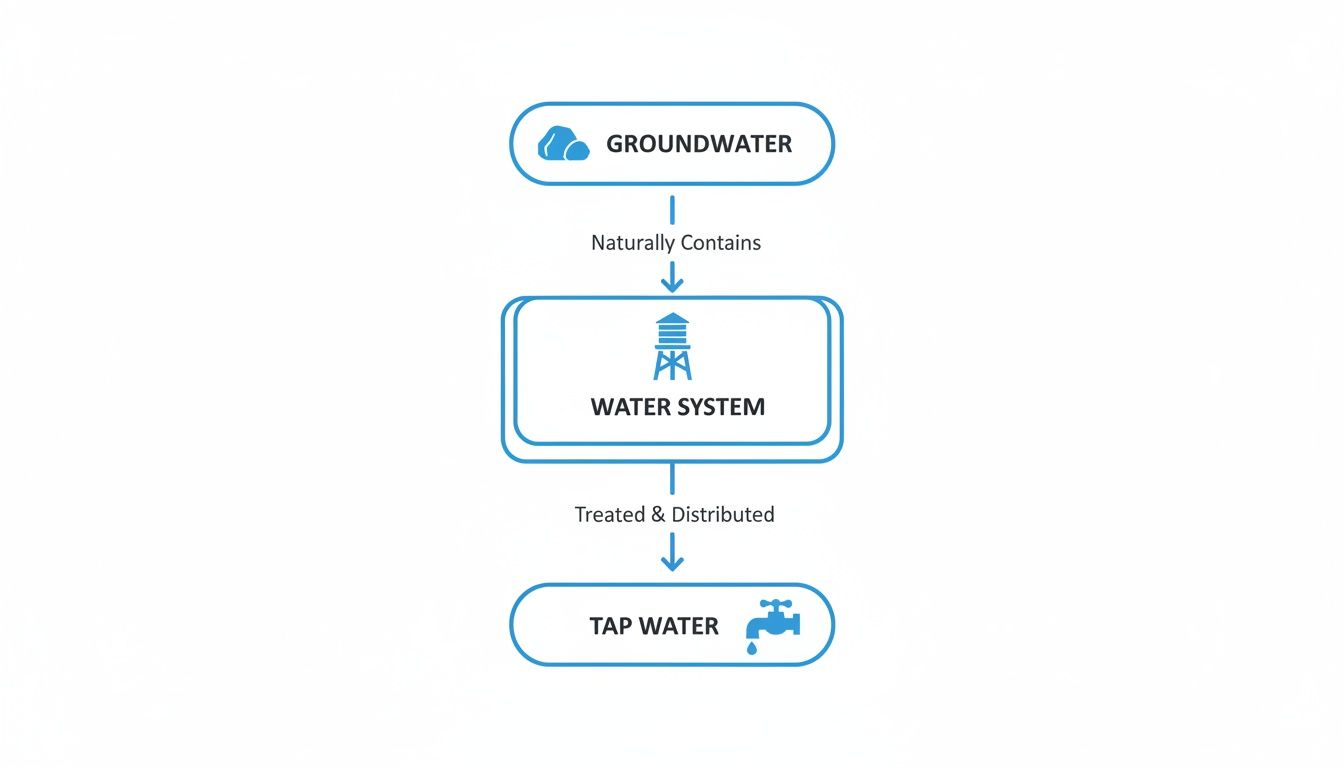Flowchart illustrating the water journey from groundwater, through a water system, to a tap water.