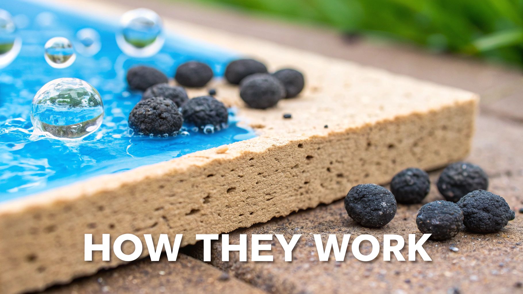 Water droplets on blue liquid, with black porous filter pellets on an absorbent sponge-like material, illustrating a process.