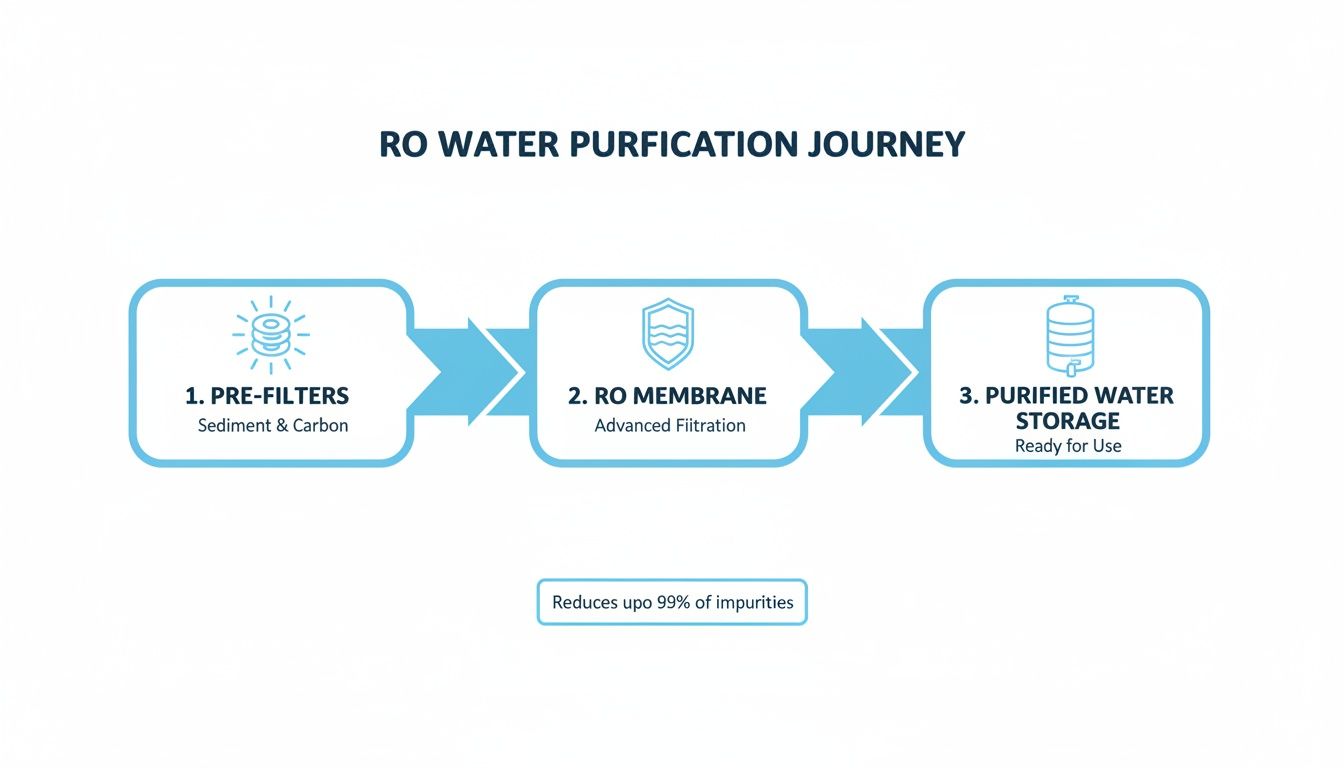 Visual diagram of the RO water purification journey: pre-filters, RO membrane, and purified water storage.