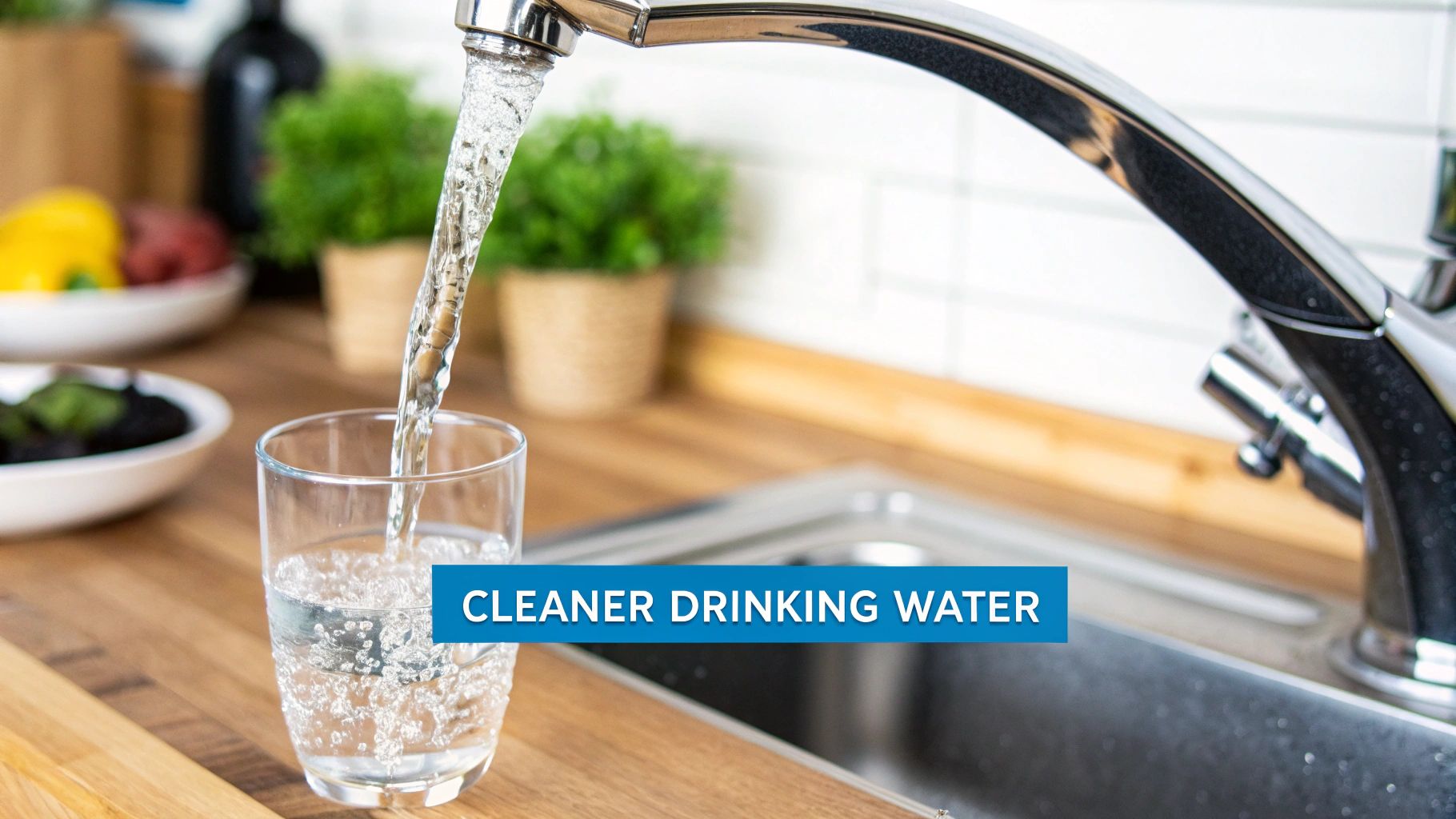 Water pouring from a modern kitchen faucet into a clear glass on a wooden countertop.