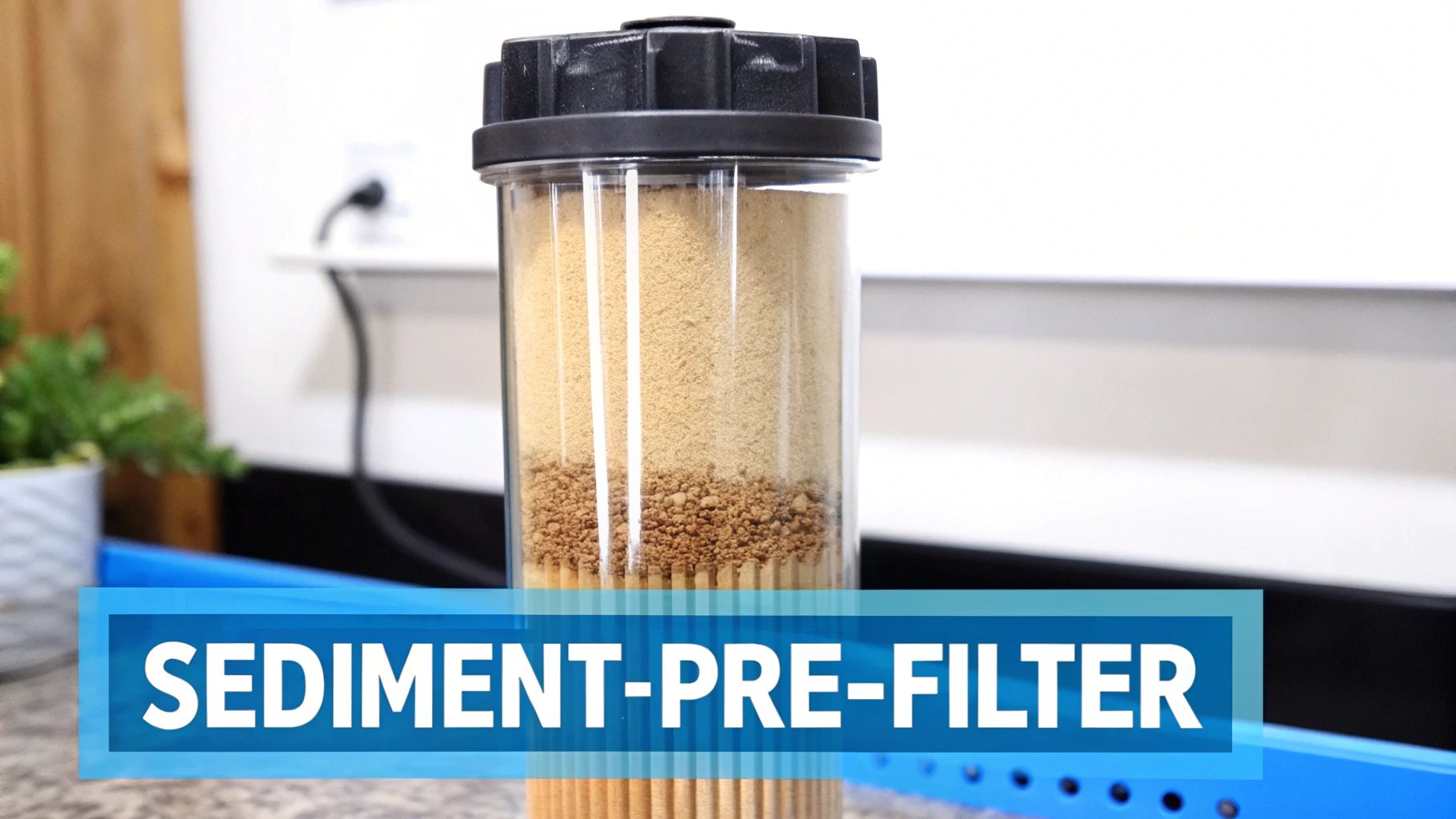 A clear sediment pre-filter cartridge filled with granular media, featuring a blue text overlay.