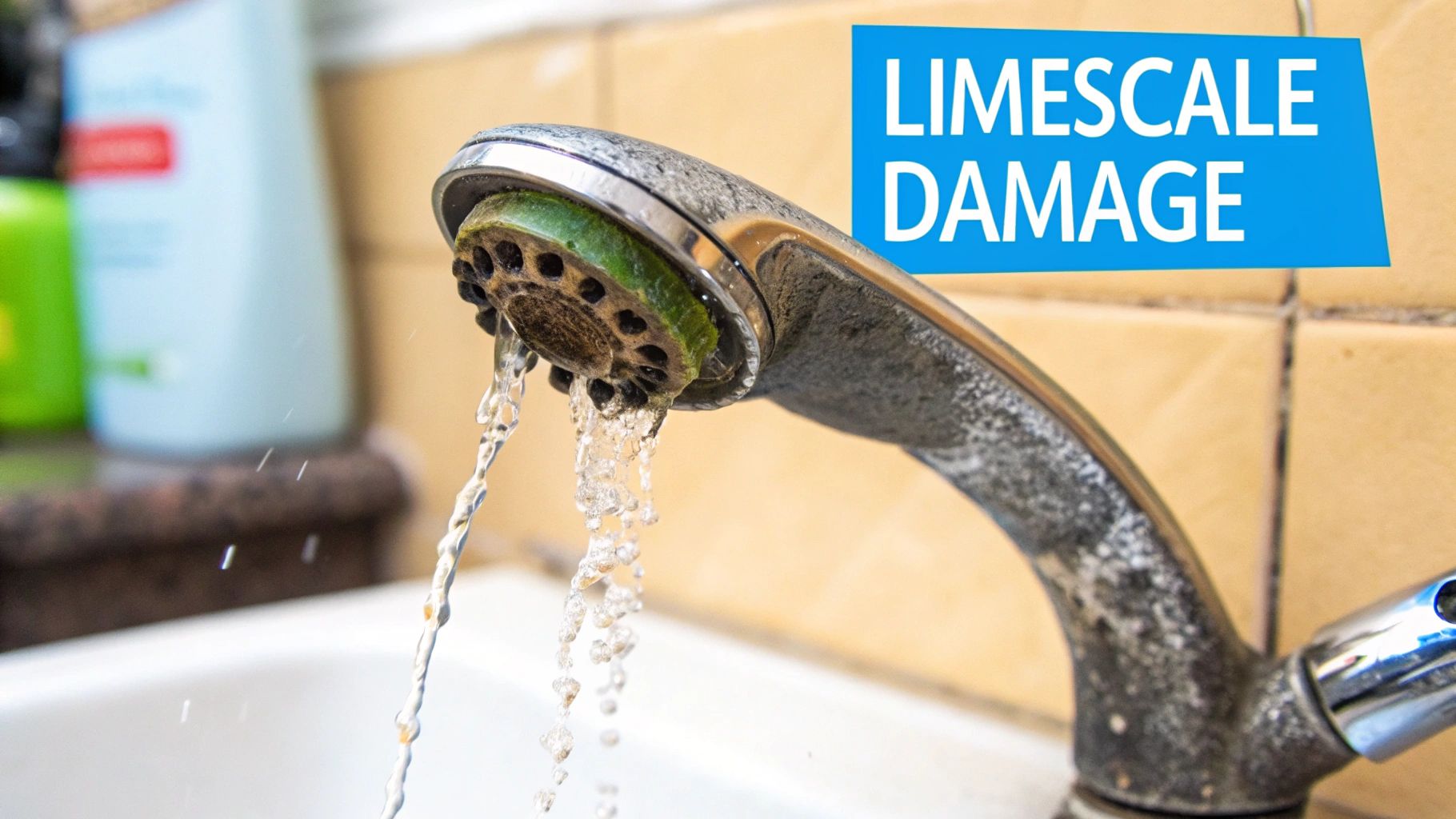Close-up of a faucet covered in white, chalky limescale buildup.