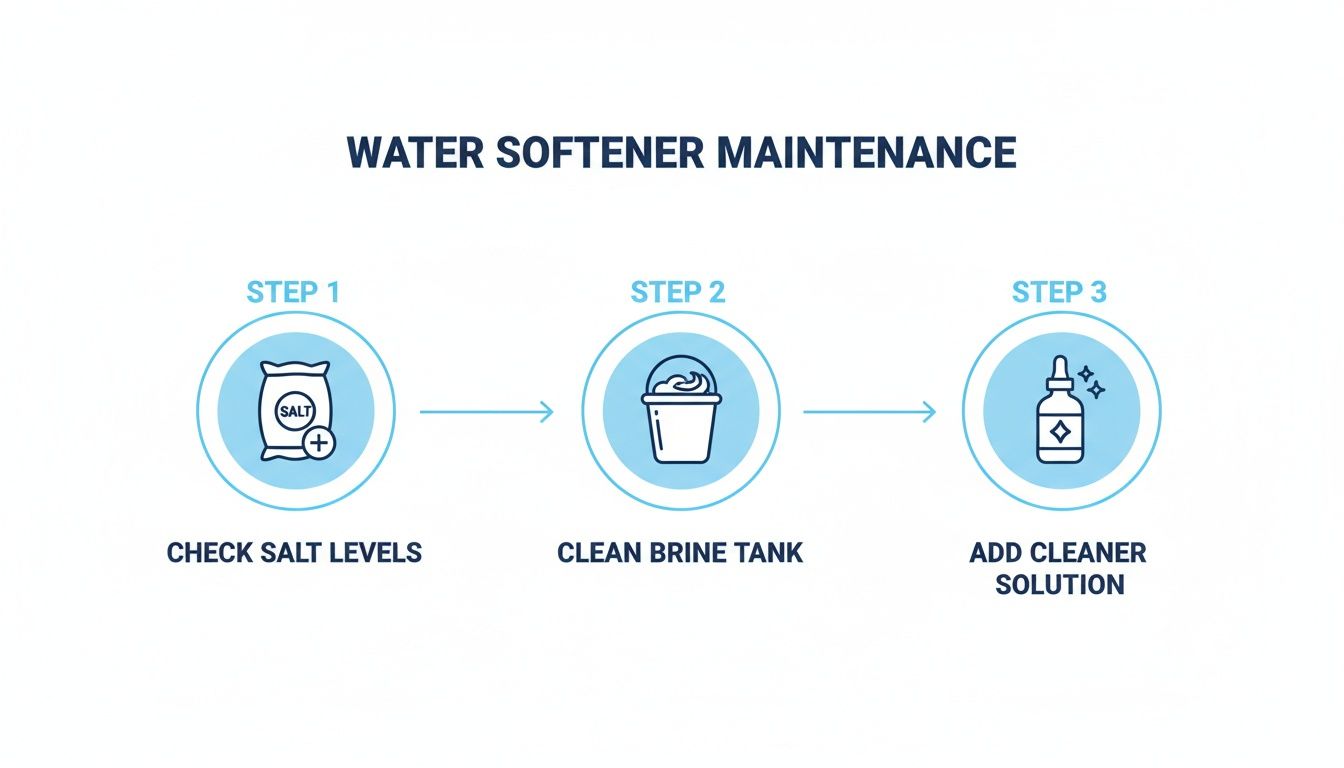 A diagram showing three essential steps for water softener maintenance: check salt levels, clean brine tank, and add cleaner solution.