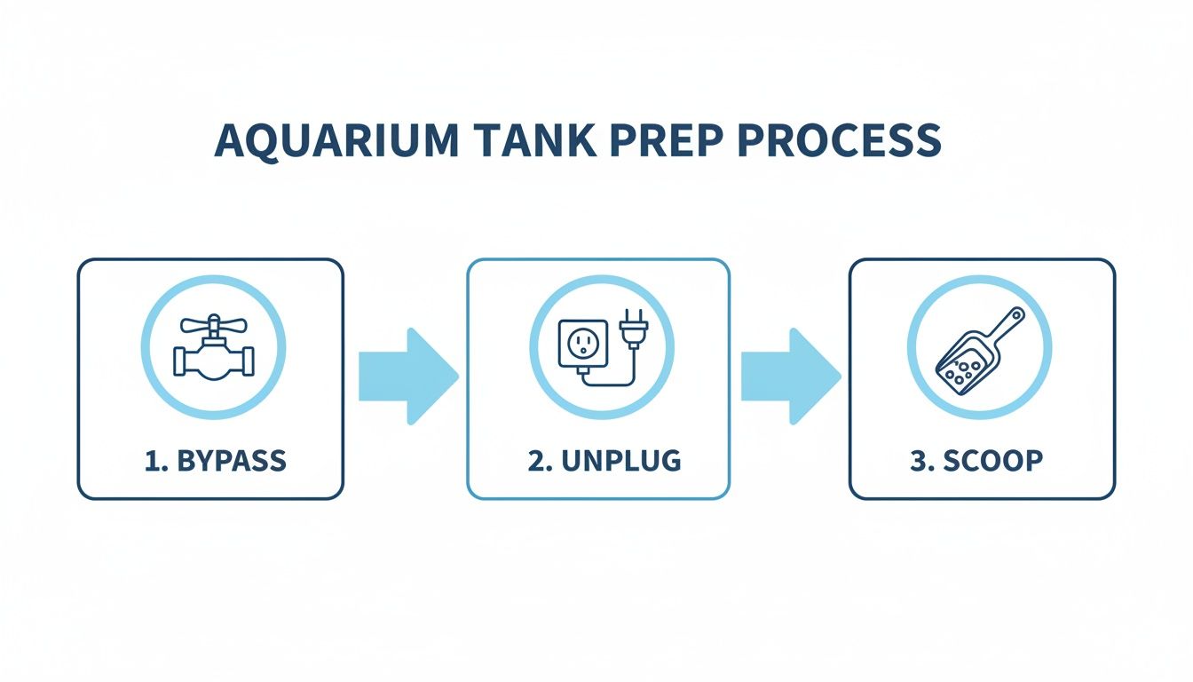A diagram illustrates three steps for aquarium tank preparation: bypass, unplug, and scoop.