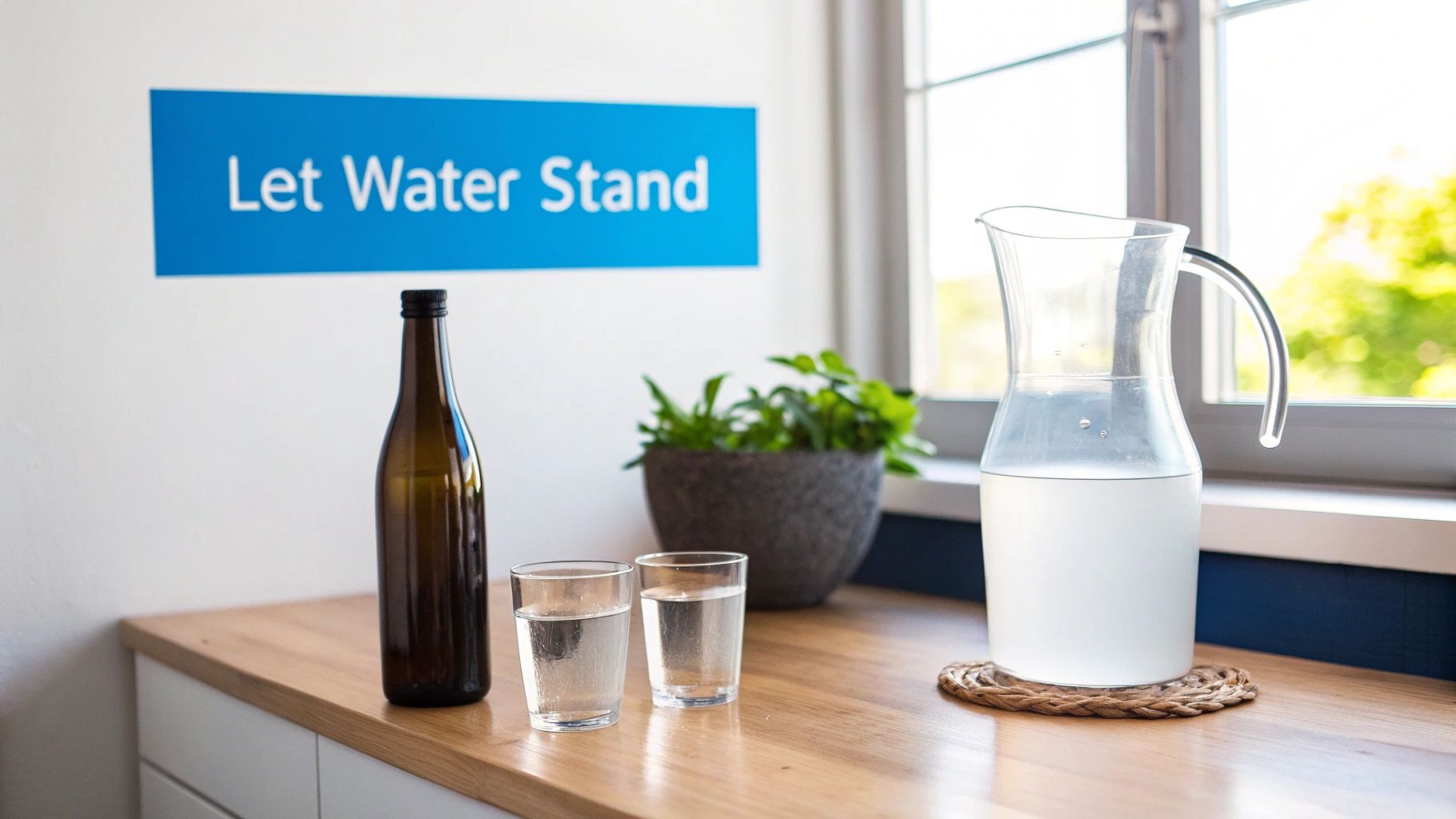 A kitchen counter with water bottles, glasses, a plant, and a 'Let Water Stand' sign.