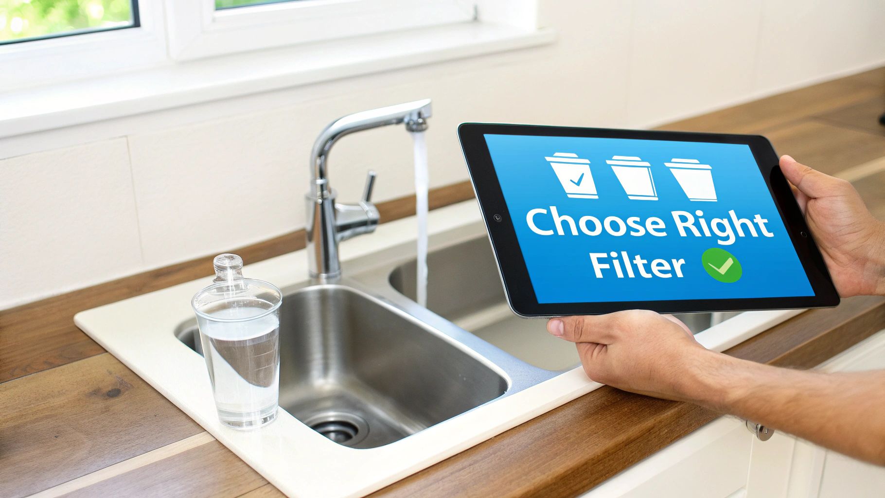 A person pouring a glass of clean, filtered water from a kitchen faucet into a glass.