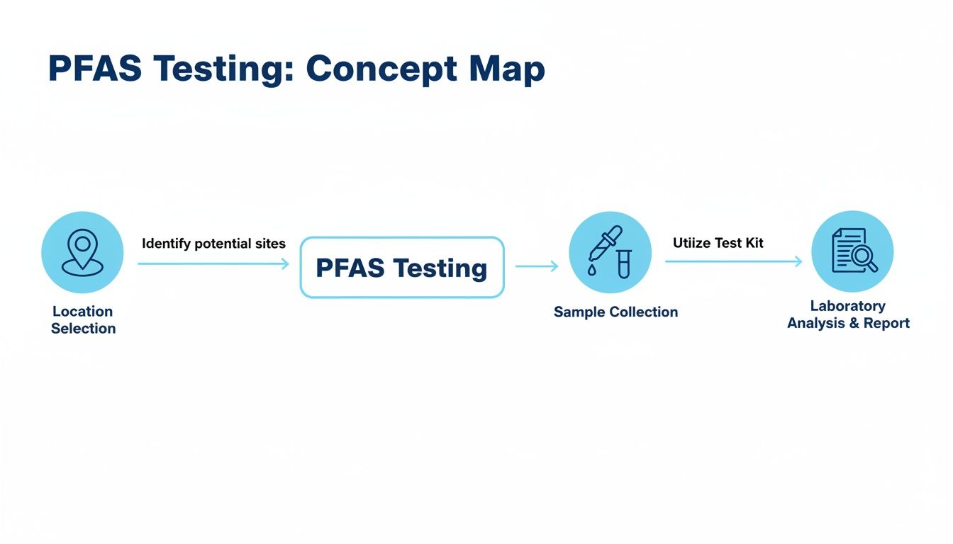 Concept map outlining the PFAS testing process from location selection to laboratory analysis and reporting.