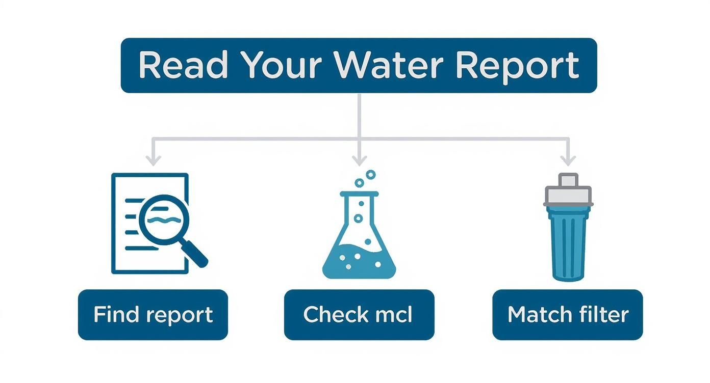 Infographic decision tree for choosing a water filter based on a water quality report.