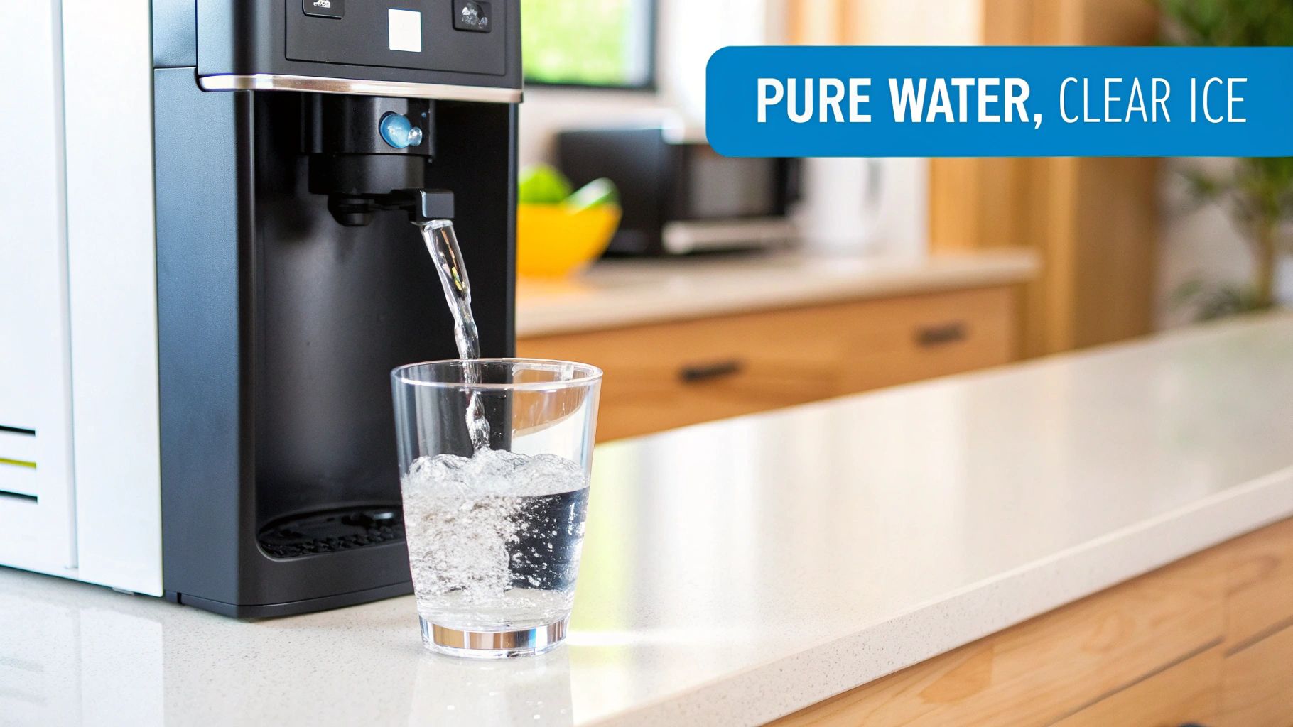 A person installing an inline water filter on a refrigerator's water line.