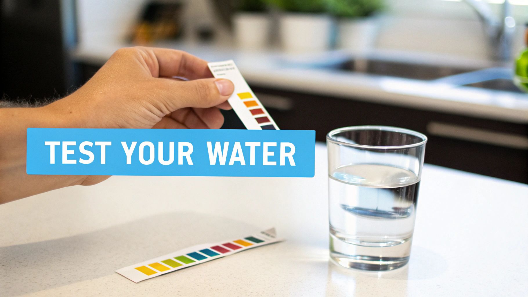 A person's hand holds a water test strip above a glass of water, with 'TEST YOUR WATER' text overlay.
