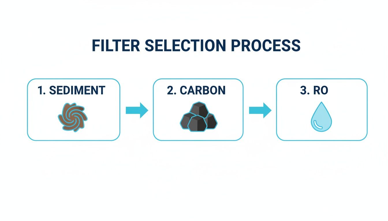 Diagram illustrating a three-stage filter selection process for water purification: Sediment, Carbon, and RO.