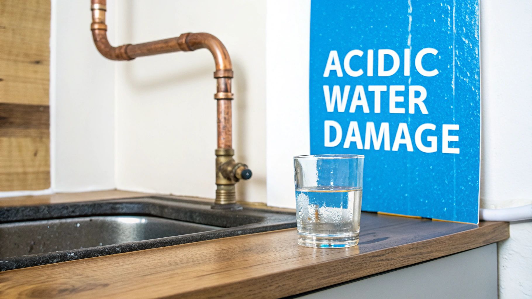 A glass of water near a sink with copper pipes and an 'ACIDIC WATER DAMAGE' sign.