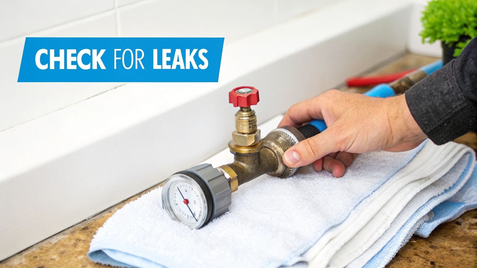 A hand holds a water pipe with a pressure gauge and red valve, checking for leaks.