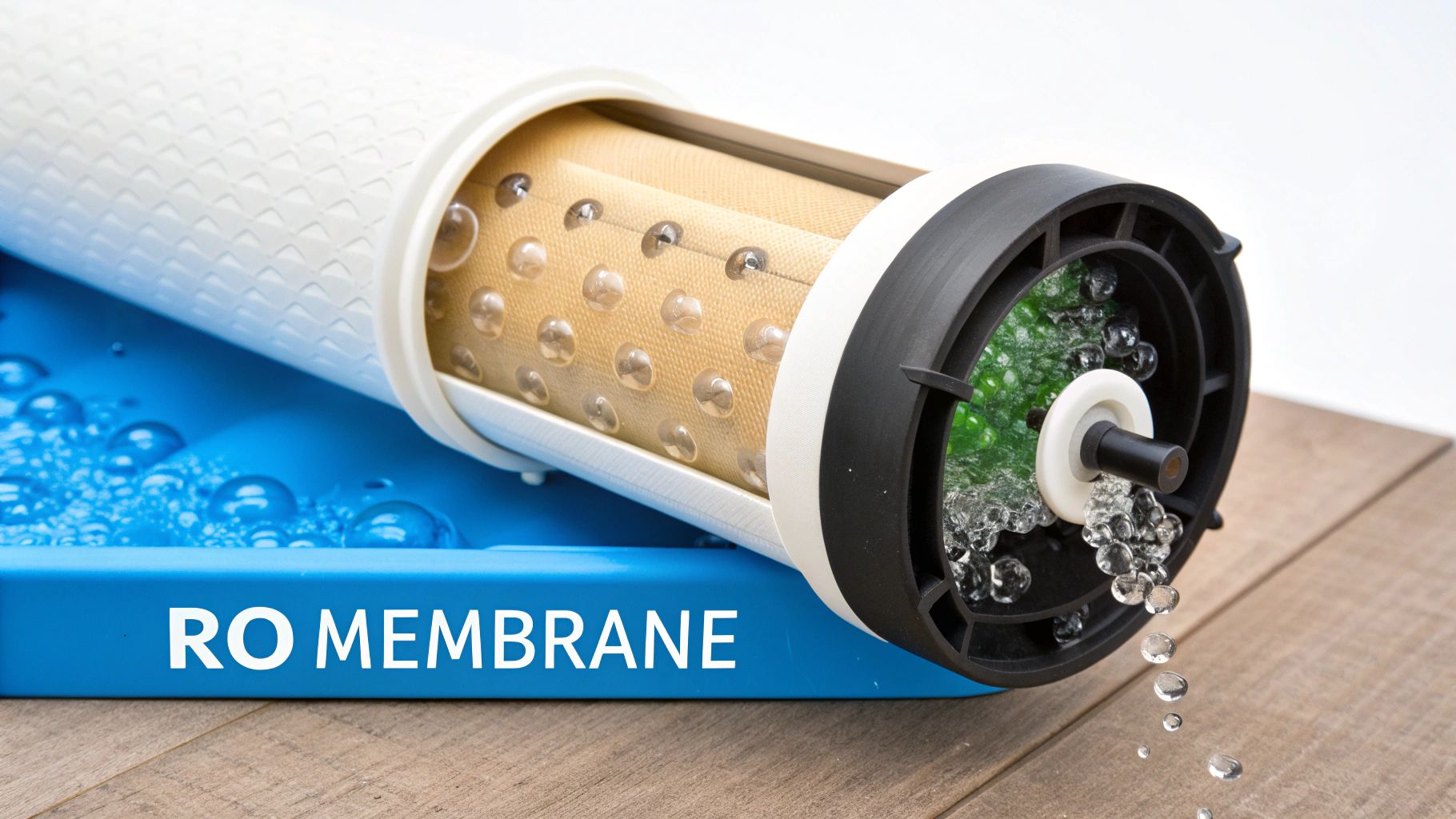 Close-up of a white RO membrane filter with clear water droplets on a blue surface, purifying water.