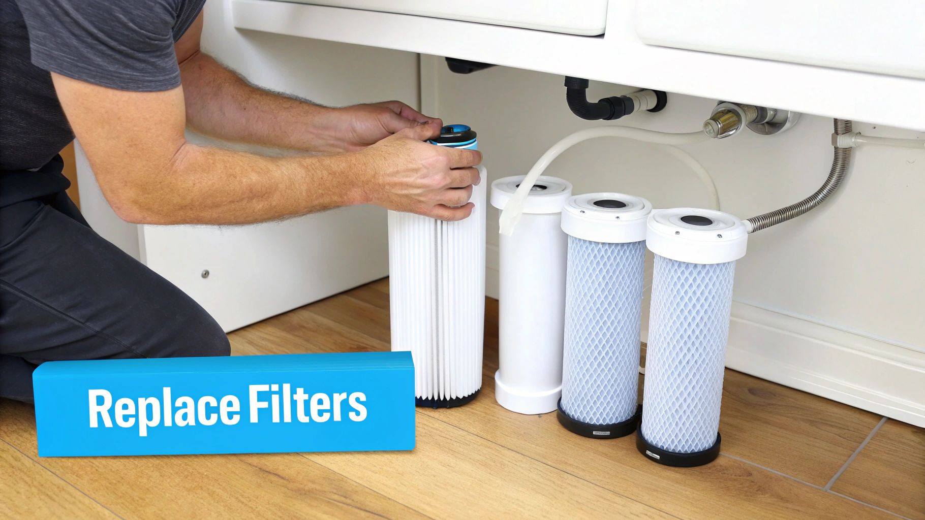 A person replaces multiple water filters under a kitchen sink, with new filters on the wooden floor.