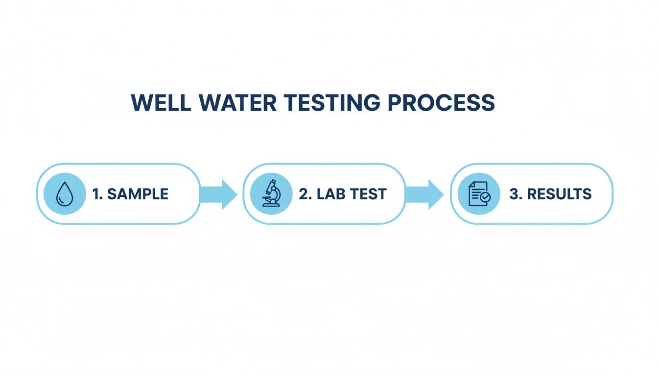 A flowchart illustrating the well water testing process, showing steps for sample collection, lab testing, and results.