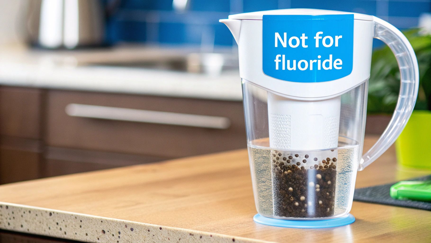 A water filter pitcher with a "Not for fluoride" label sits on a wooden kitchen counter.