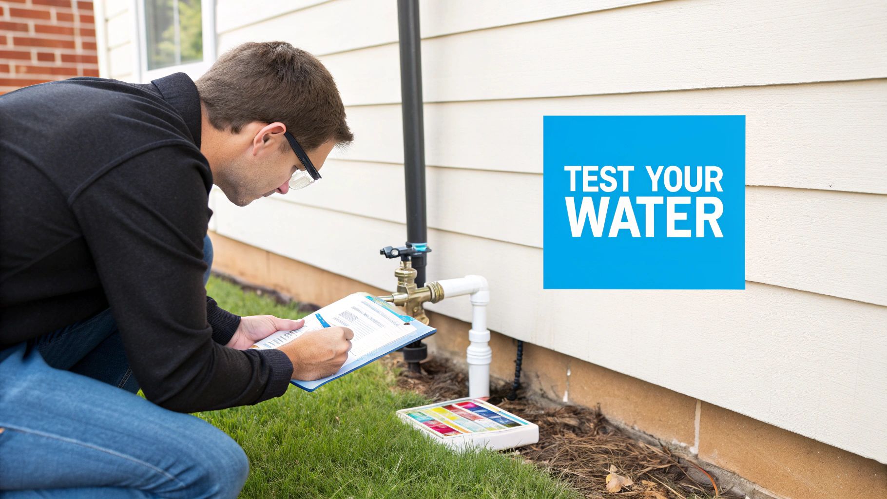 A man kneels outside a home, writing on a clipboard while performing a water quality test.