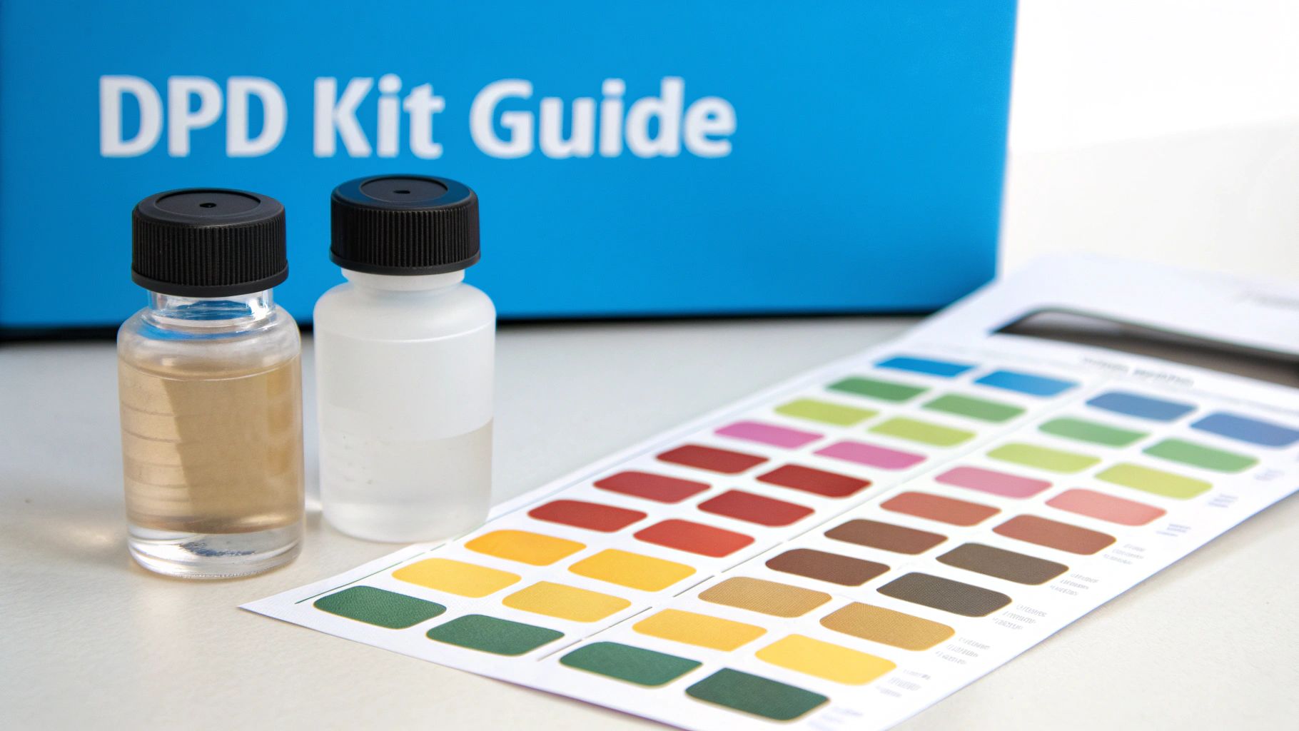 A person using a DPD chlorine test kit with vials and a color comparator.