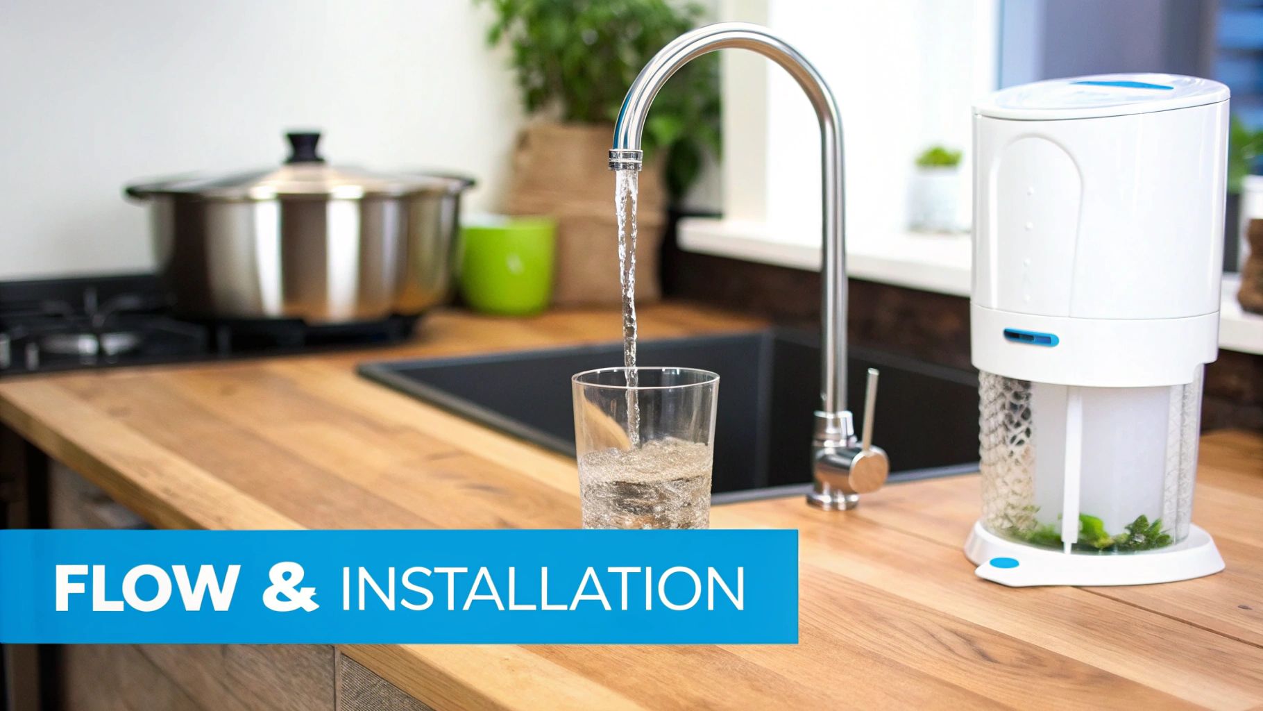 Fresh water pours from a kitchen faucet into a glass beside a water purification system on a wooden counter.