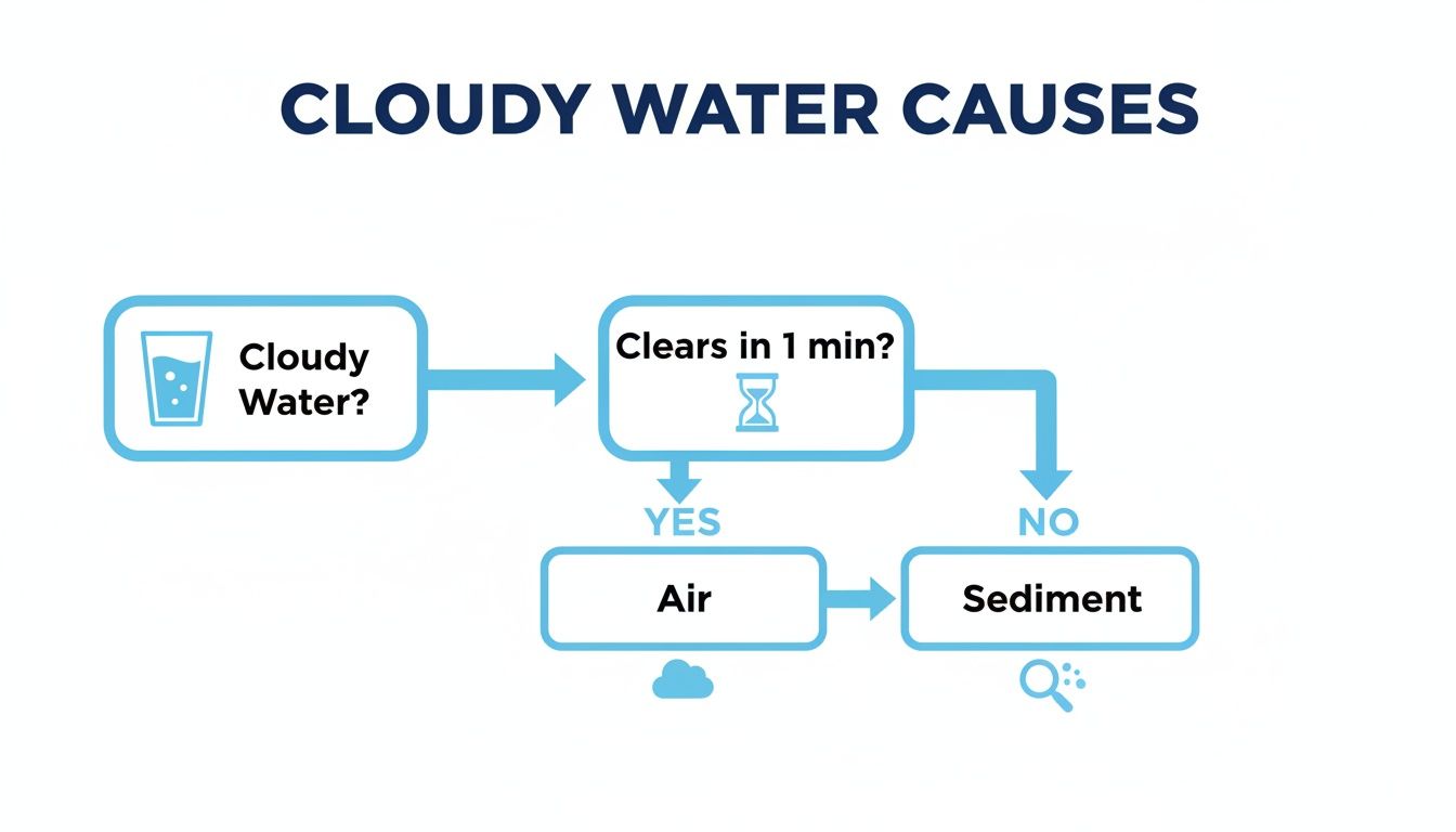 A flowchart explaining how to determine if cloudy tap water is caused by air or sediment.