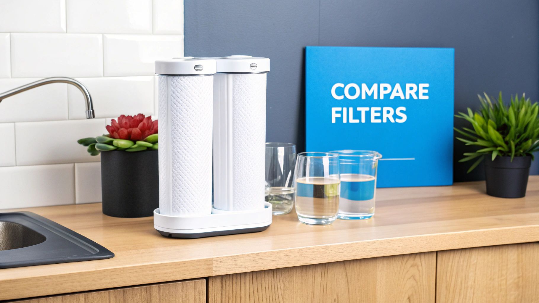 A white dual water filter system on a wooden kitchen counter with glasses of water and a 'COMPARE FILTERS' sign.