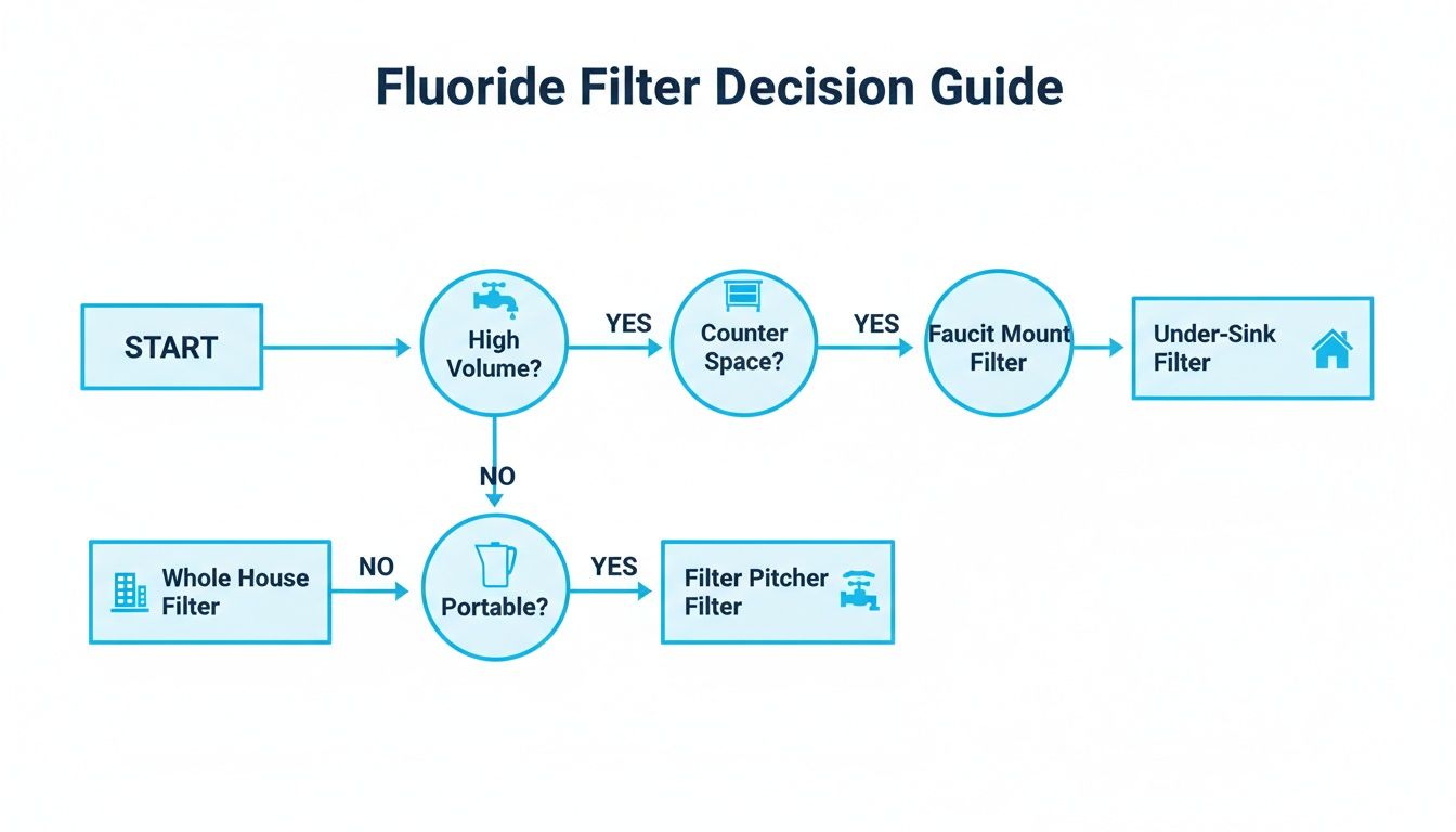 A flowchart guiding users to choose the right fluoride filter based on volume, counter space, and portability.