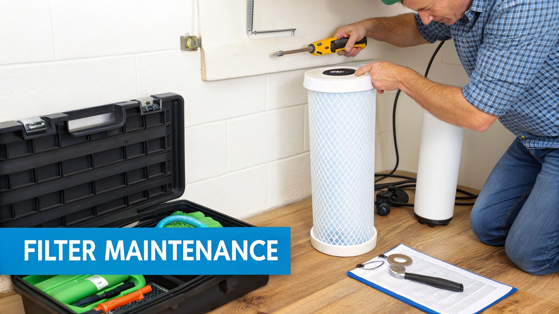 A man performs maintenance on a whole house water filter system, with tools and equipment nearby.