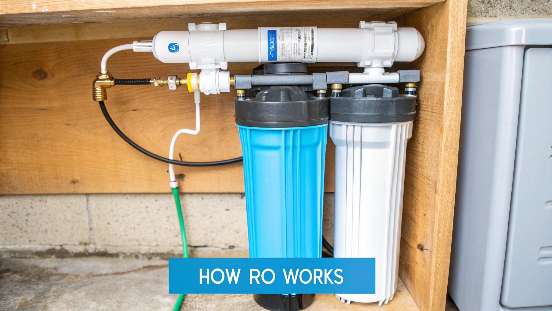 A modern reverse osmosis system installed neatly under a kitchen sink, showing the various filters and tubes.