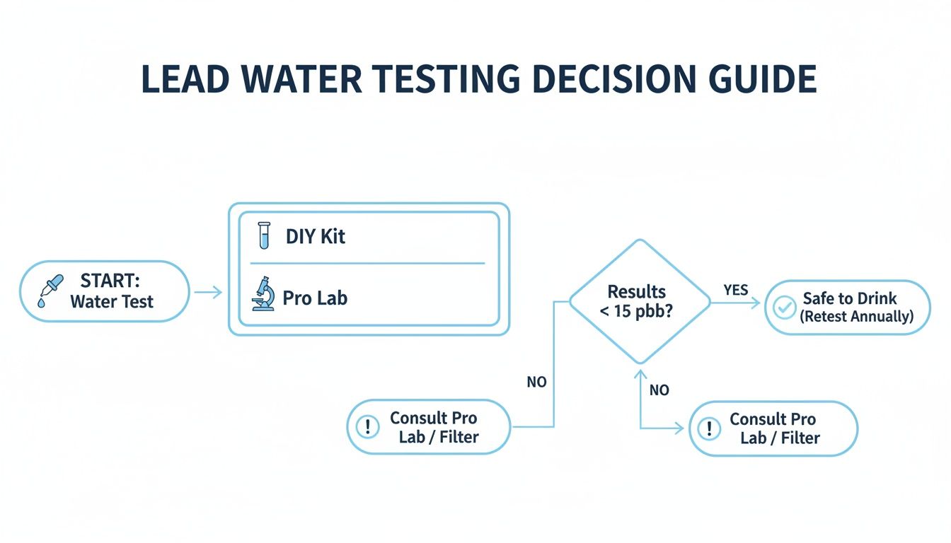 Flowchart outlining a lead water testing decision guide, from initial test to results interpretation.