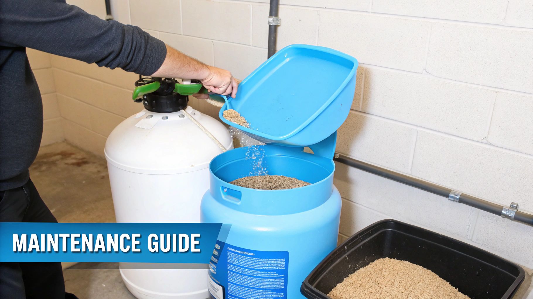 A person refills a blue water treatment tank with granular media, demonstrating system maintenance.