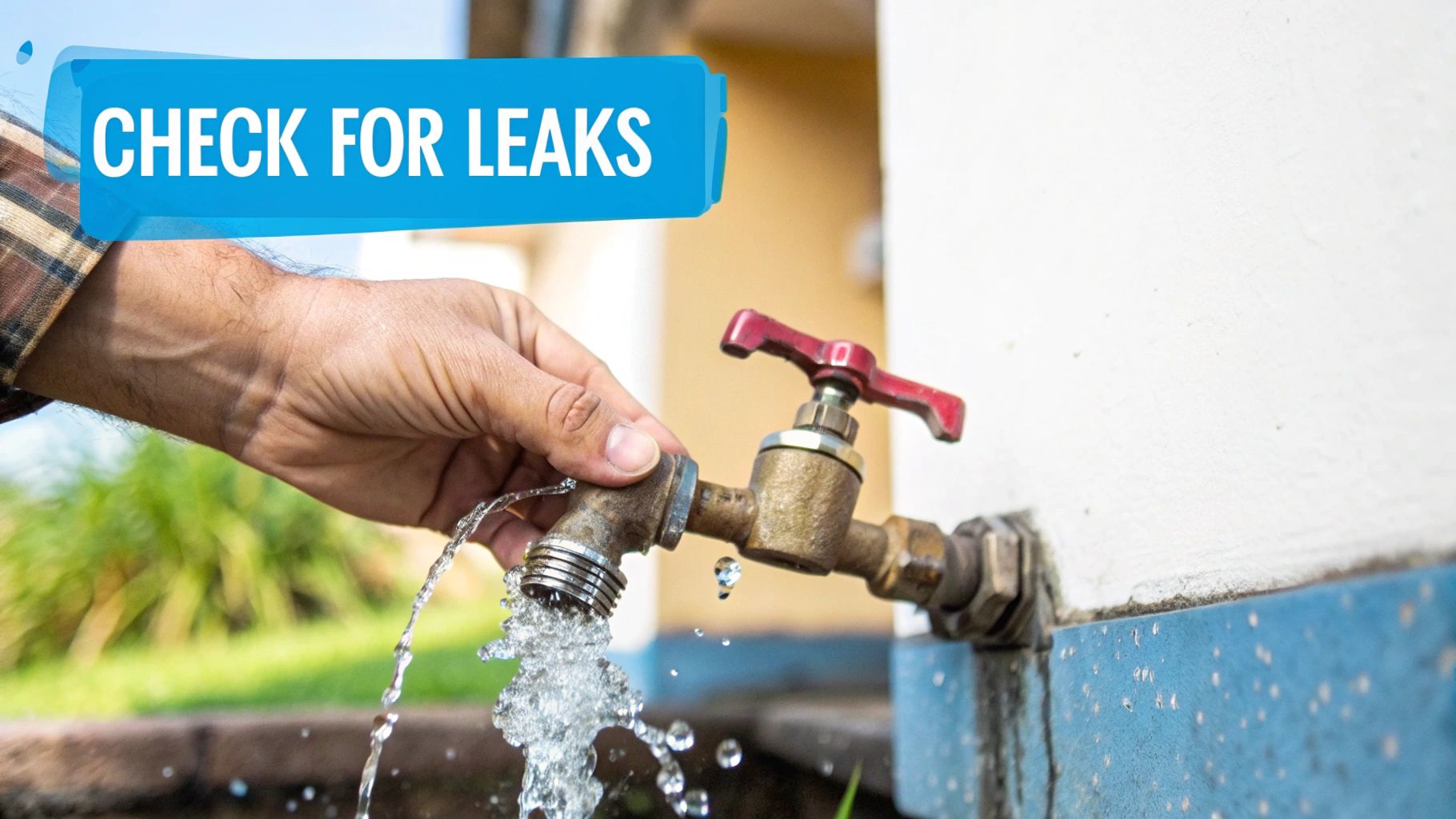 A person using a dry paper towel to check a water filter connection for leaks under a sink.