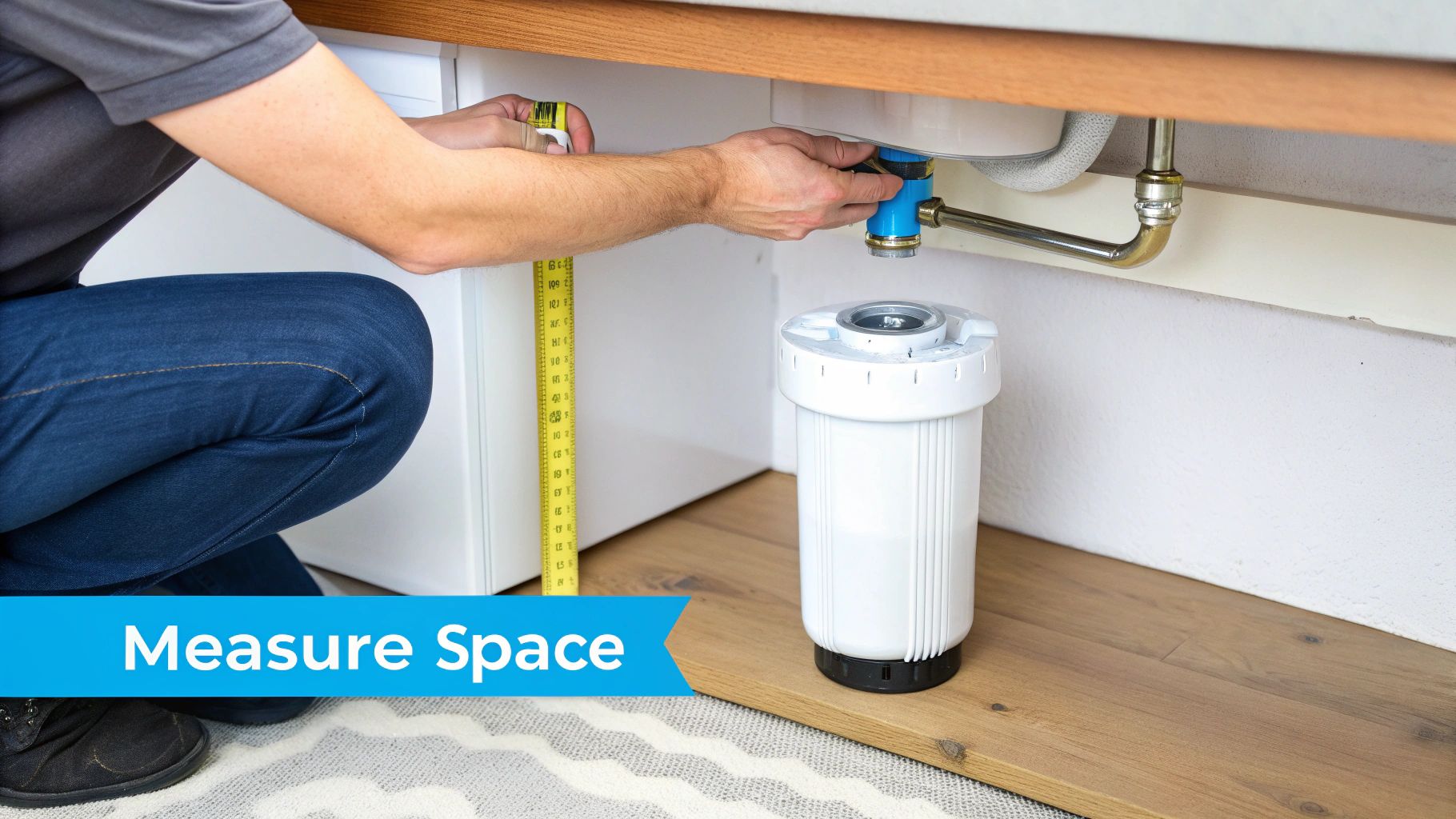 A person measures under a kitchen sink with a tape measure for a new water filter installation.