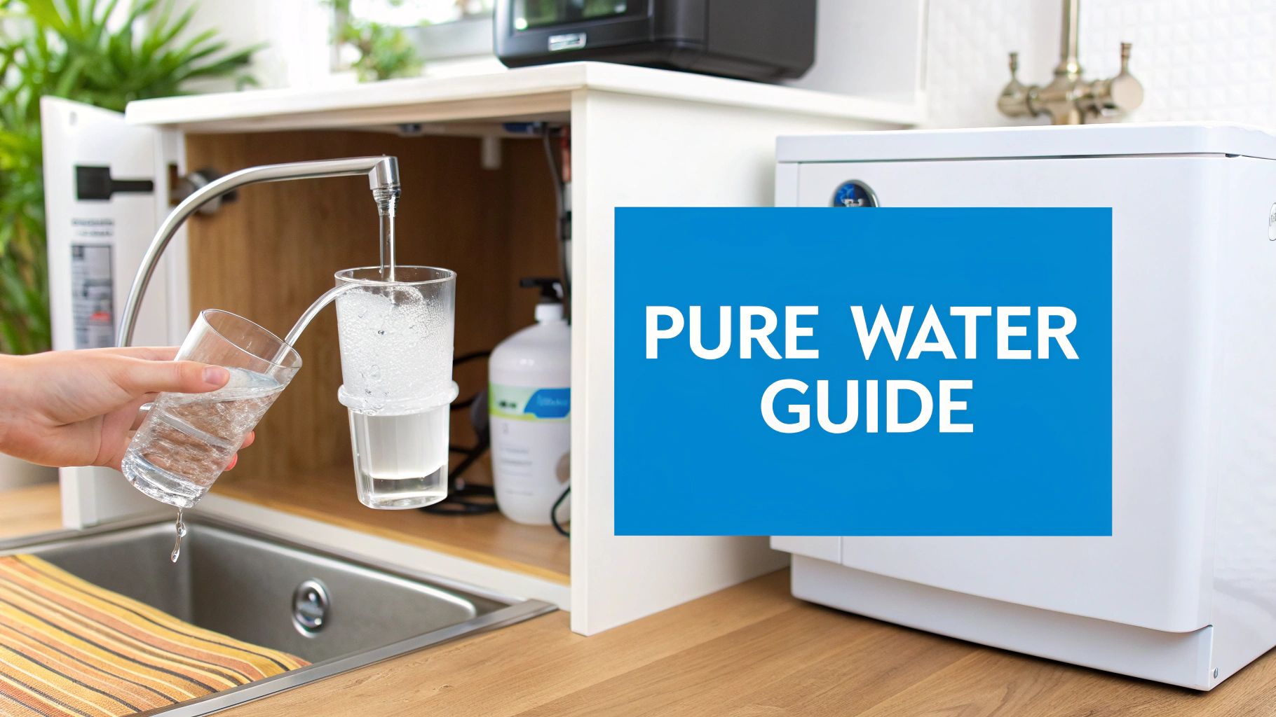 A hand holds a glass catching overflowing pure water from an under-sink filter faucet in a kitchen.