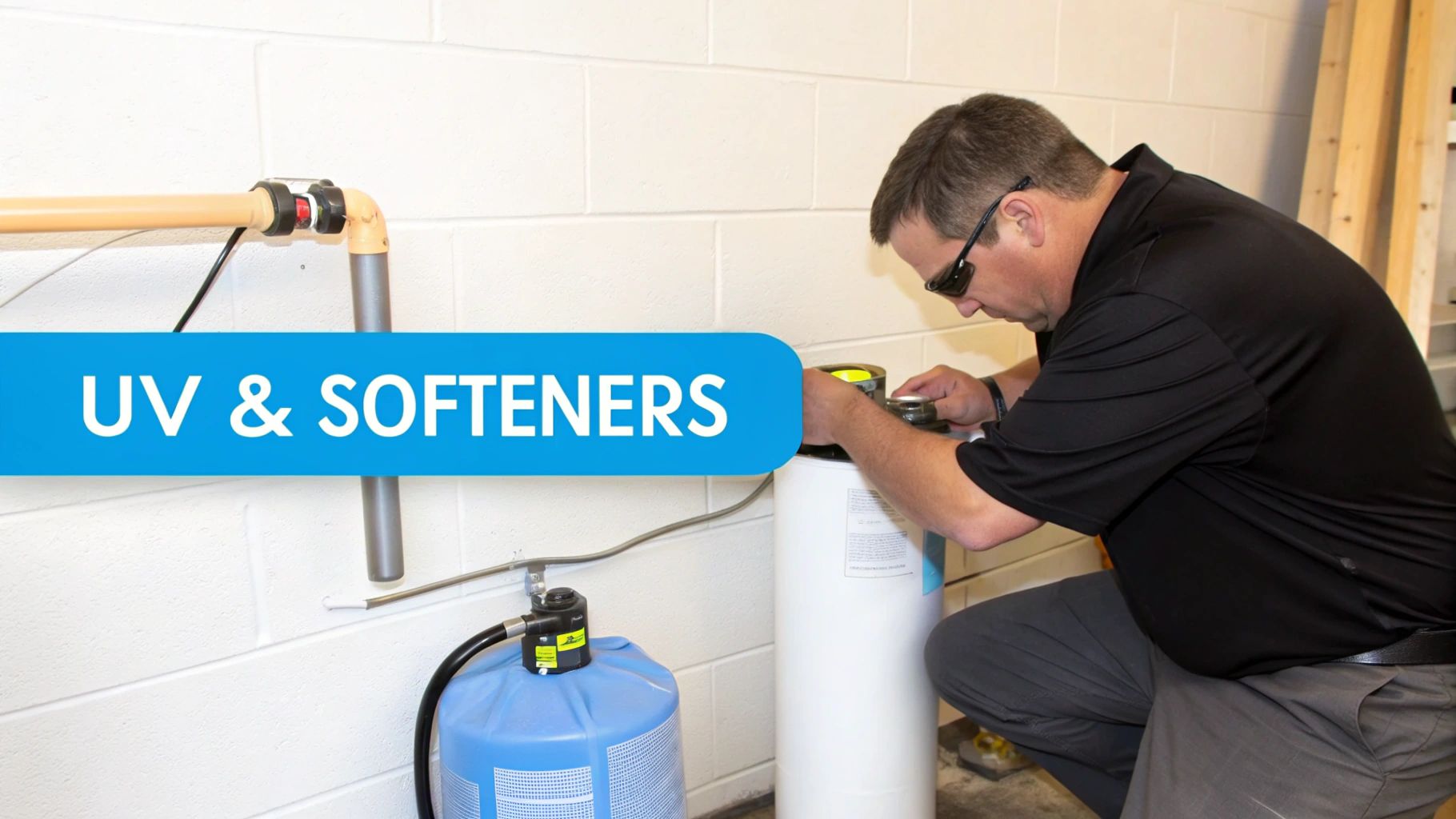 A man in sunglasses inspects a UV and water softening system in a utility room.