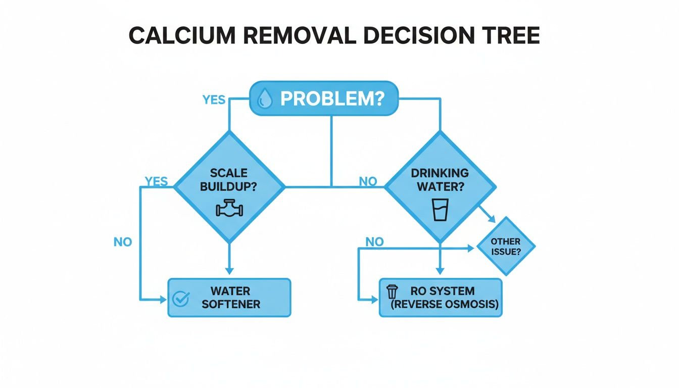 Flowchart for calcium removal from water, addressing problems like scale buildup or drinking water concerns.