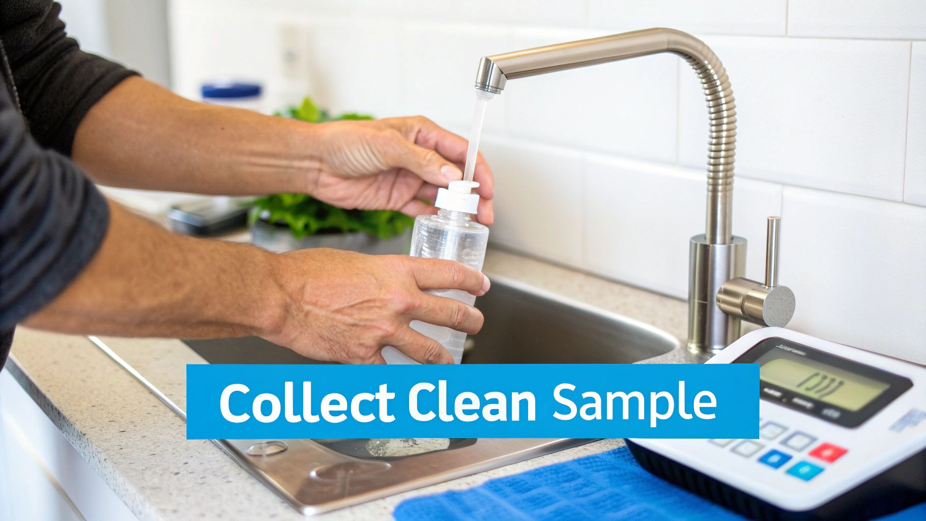 A person fills a clear bottle with water from a kitchen faucet for a sample.