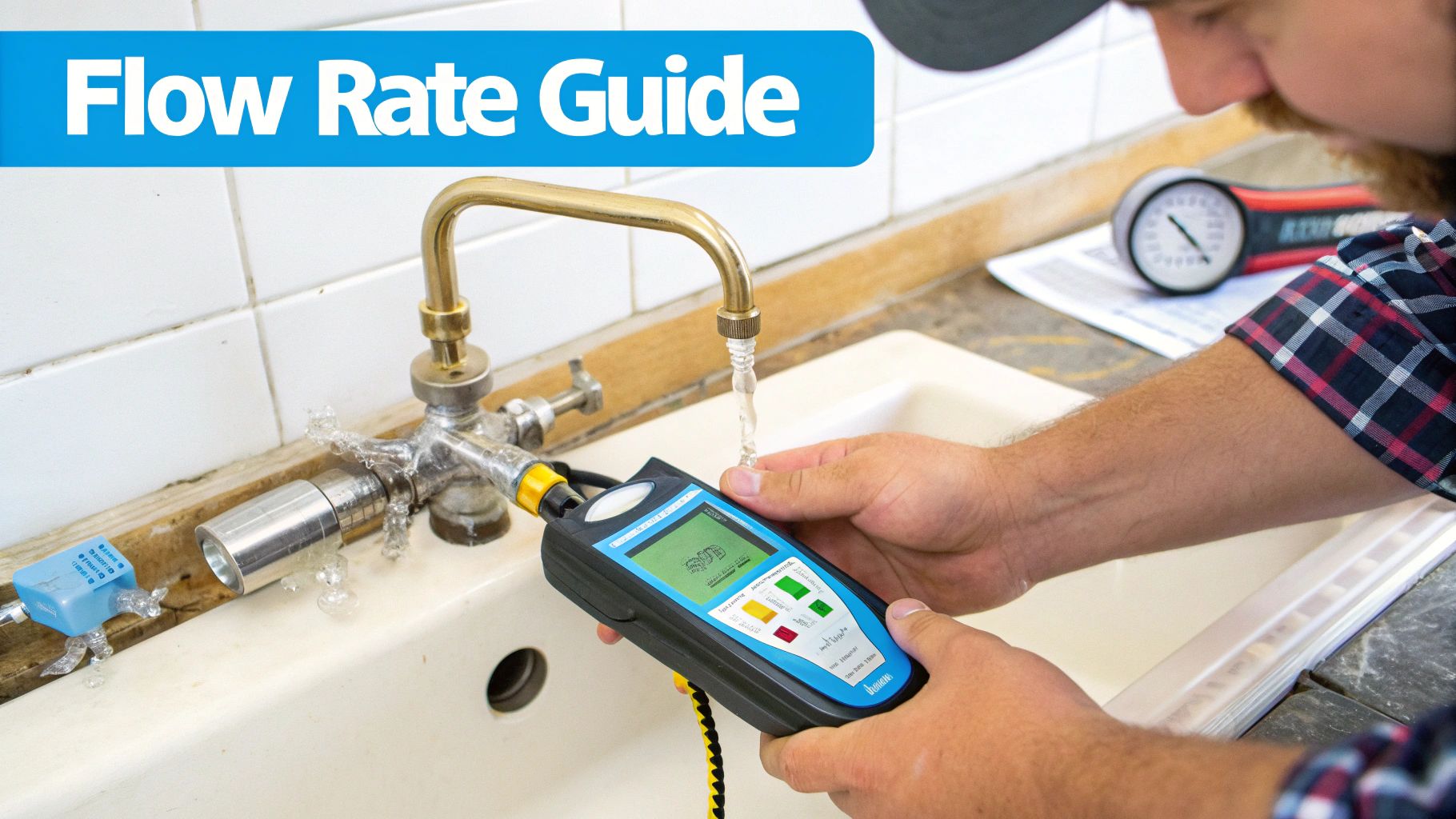 A person measures water flow from a kitchen faucet into a sink using a digital meter.