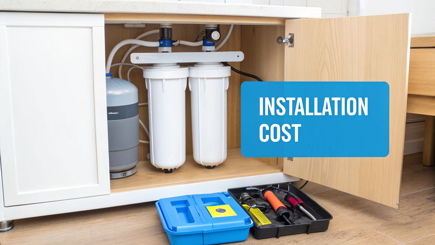 Under sink water filtration system installation with tools showing professional plumbing setup costs