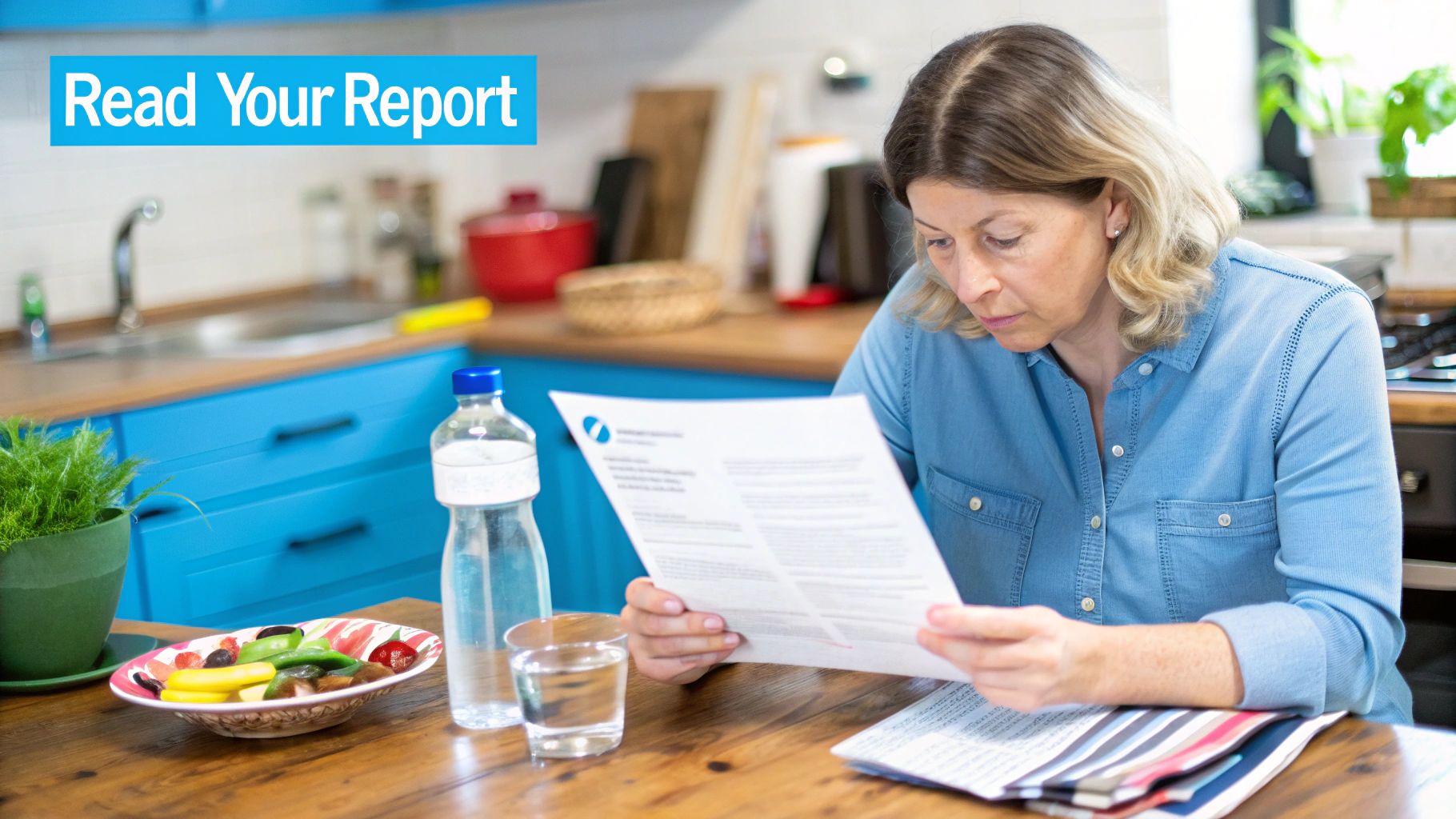 A person examining a water test result report with various charts and numbers, indicating a focus on data analysis.