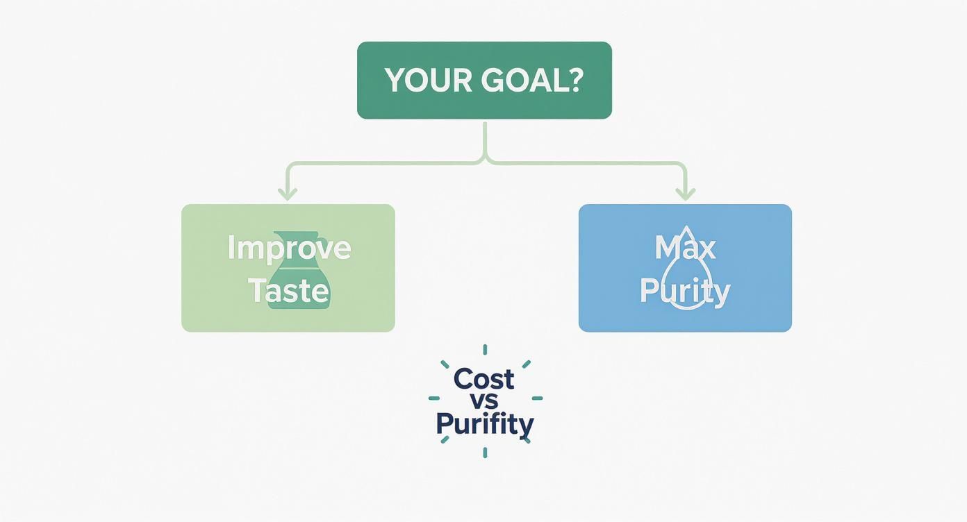 Decision flowchart showing water filtration goals: improve taste versus maximize purity with cost considerations
