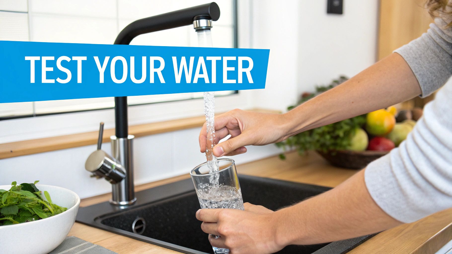 A glass of clear water being poured from a modern kitchen faucet, with sunlight glinting off the surface.
