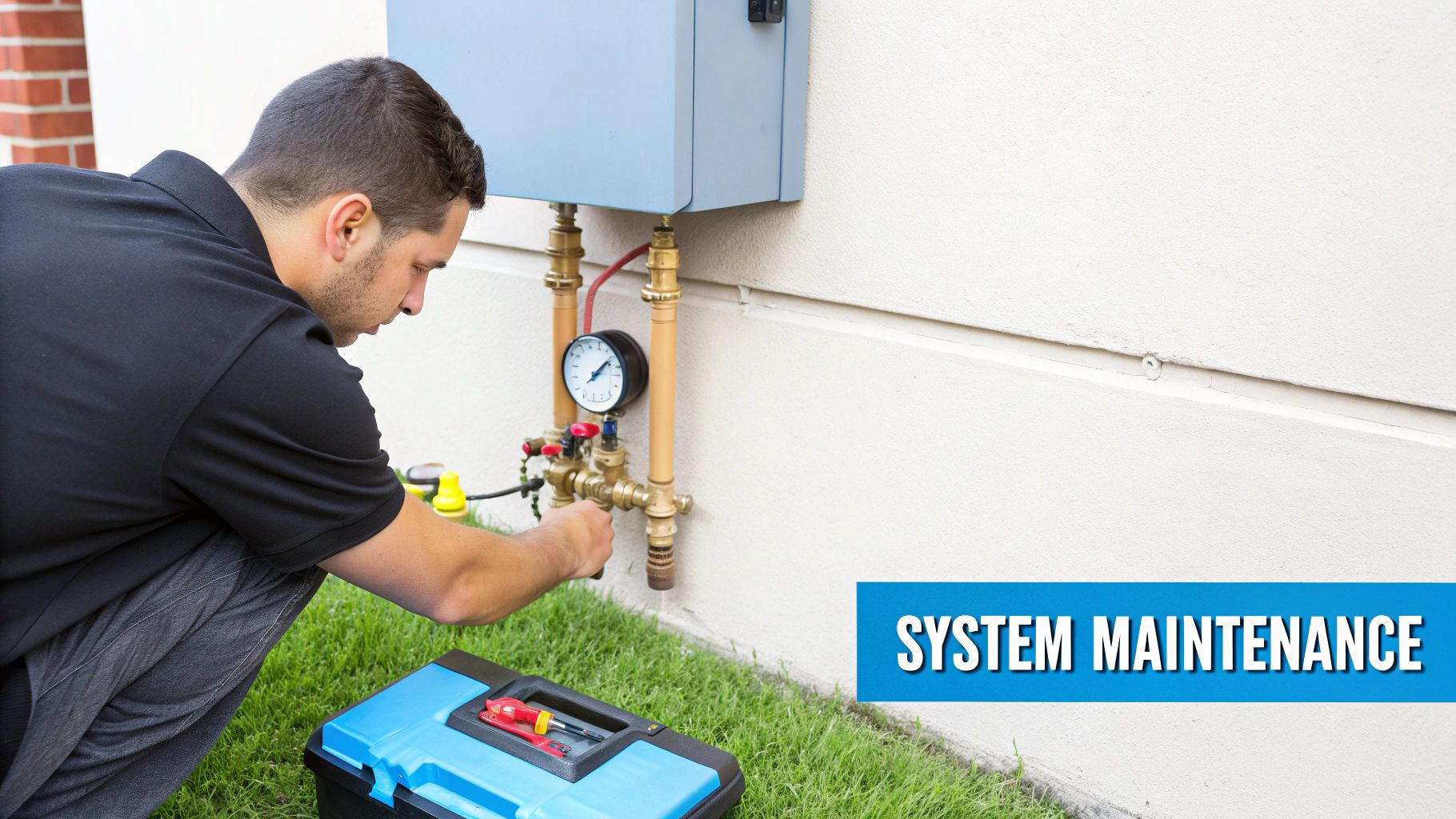 A technician crouches, performing system maintenance on outdoor water pipes with a gauge and valves.