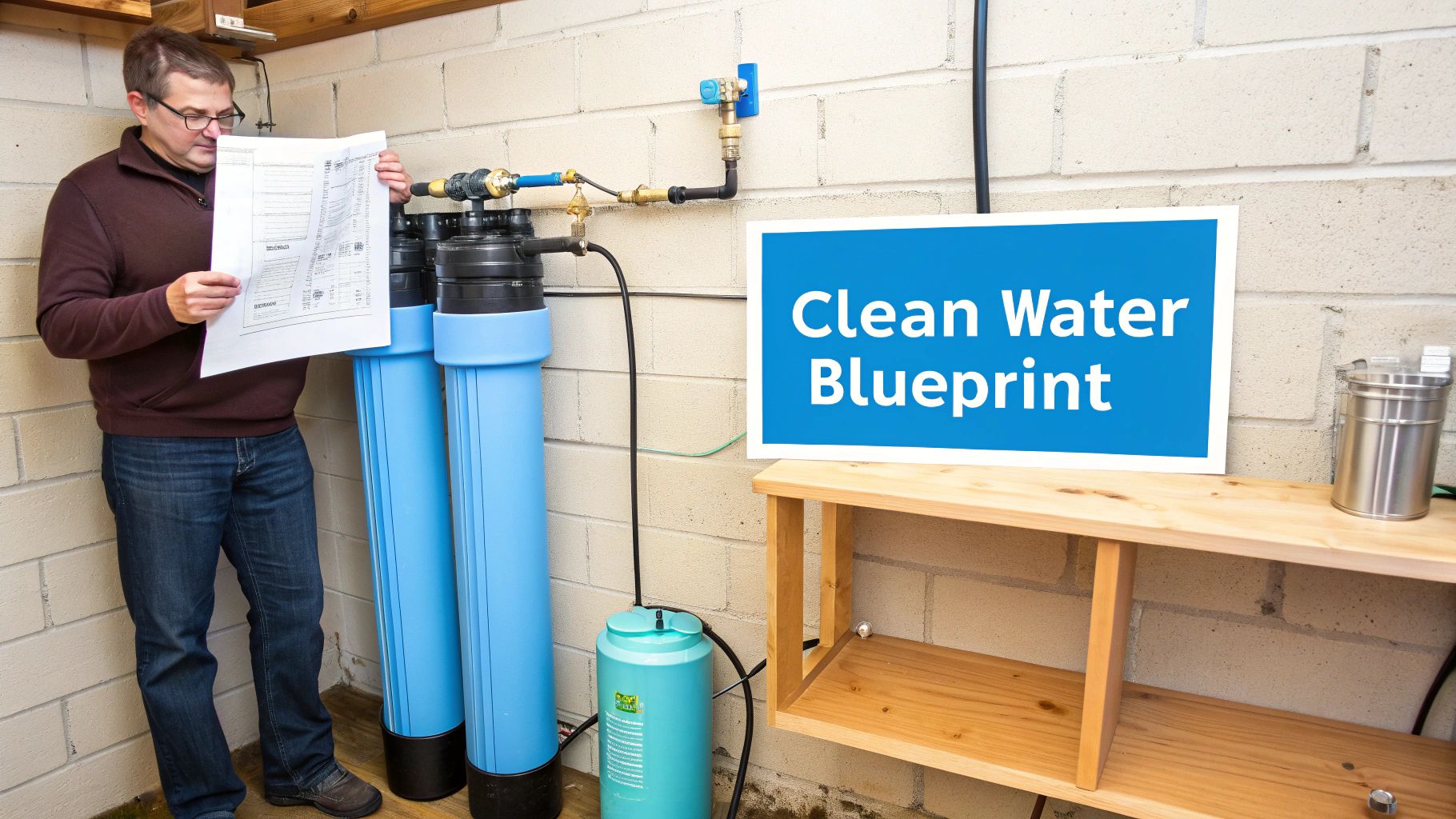 A man reviews a blueprint next to a DIY whole house water filter system with blue tanks.